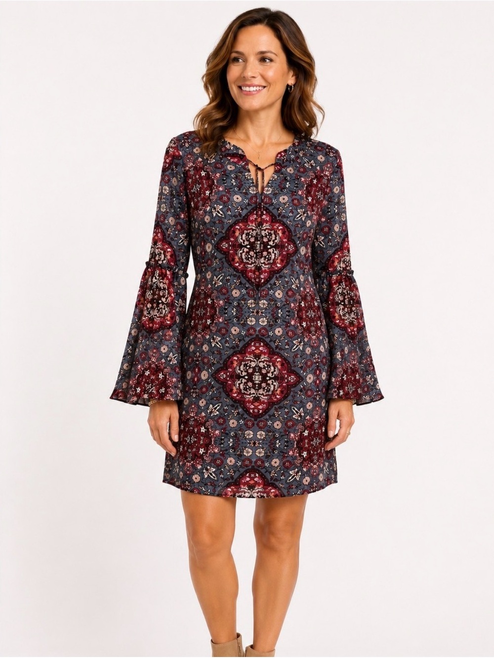 White House Black Market Burgundy and Navy Medallion Shift Dress